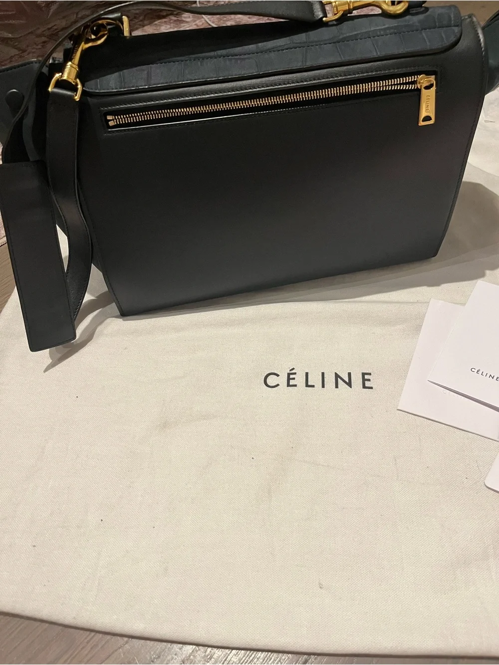 Celine Trapeze Croc-Embossed Leather Shoulder Bag
